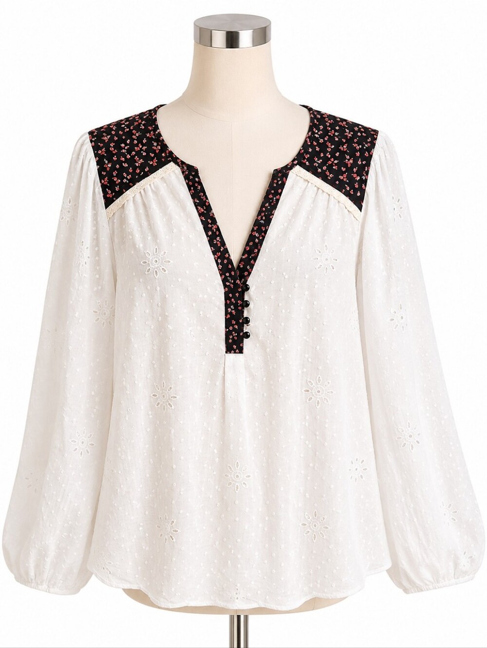 Matilda Jane White Eyelet Peasant Blouse with Black Floral Trim